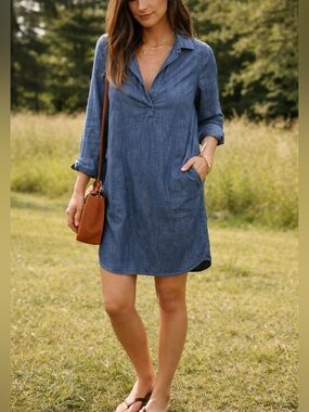 LOFT Chambray Tunic Shirt Dress Popover Blue Pockets Small EUC Preppy Vibe